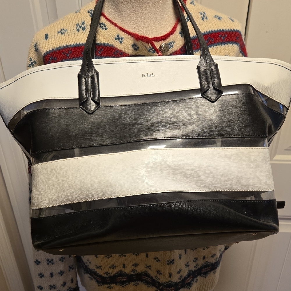 Lauren Ralph Lauren Leather Tote Bag Large Black White Clear Stripes Zip Top